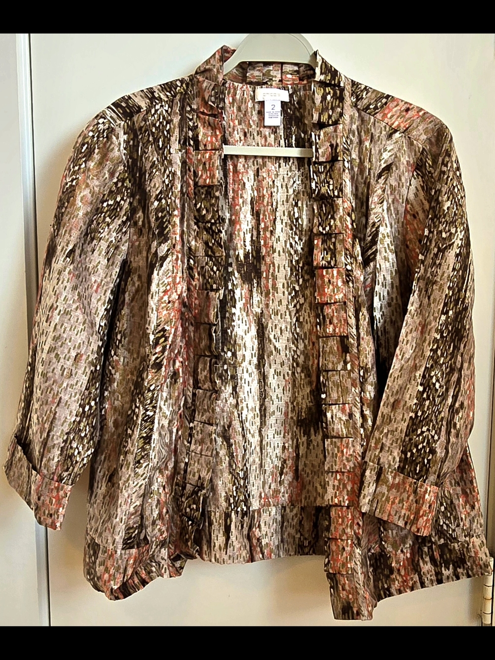 Chico's Brown, Coral and Olive Abstract Textured Open-Front Jacket